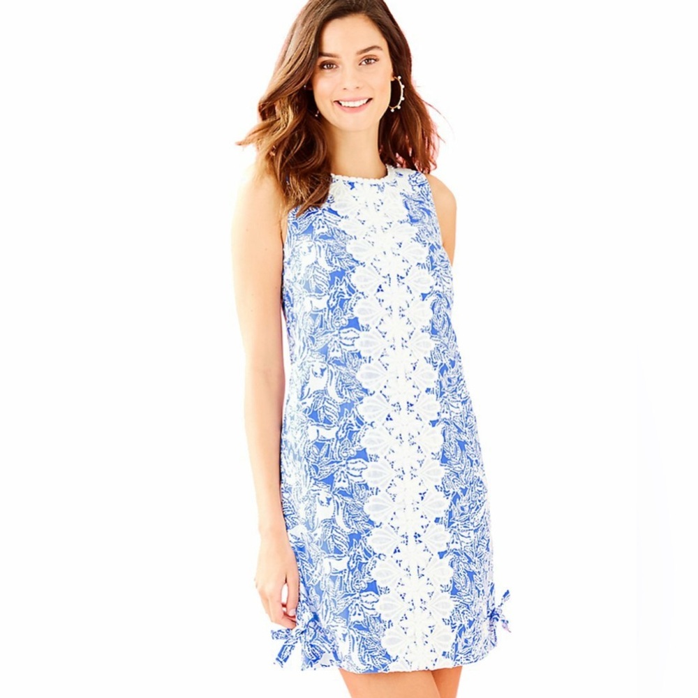 $198 Lilly Pulitzer Melani Coastal Blue Fancy Feet Lace Detail Shift Dress Sz 8